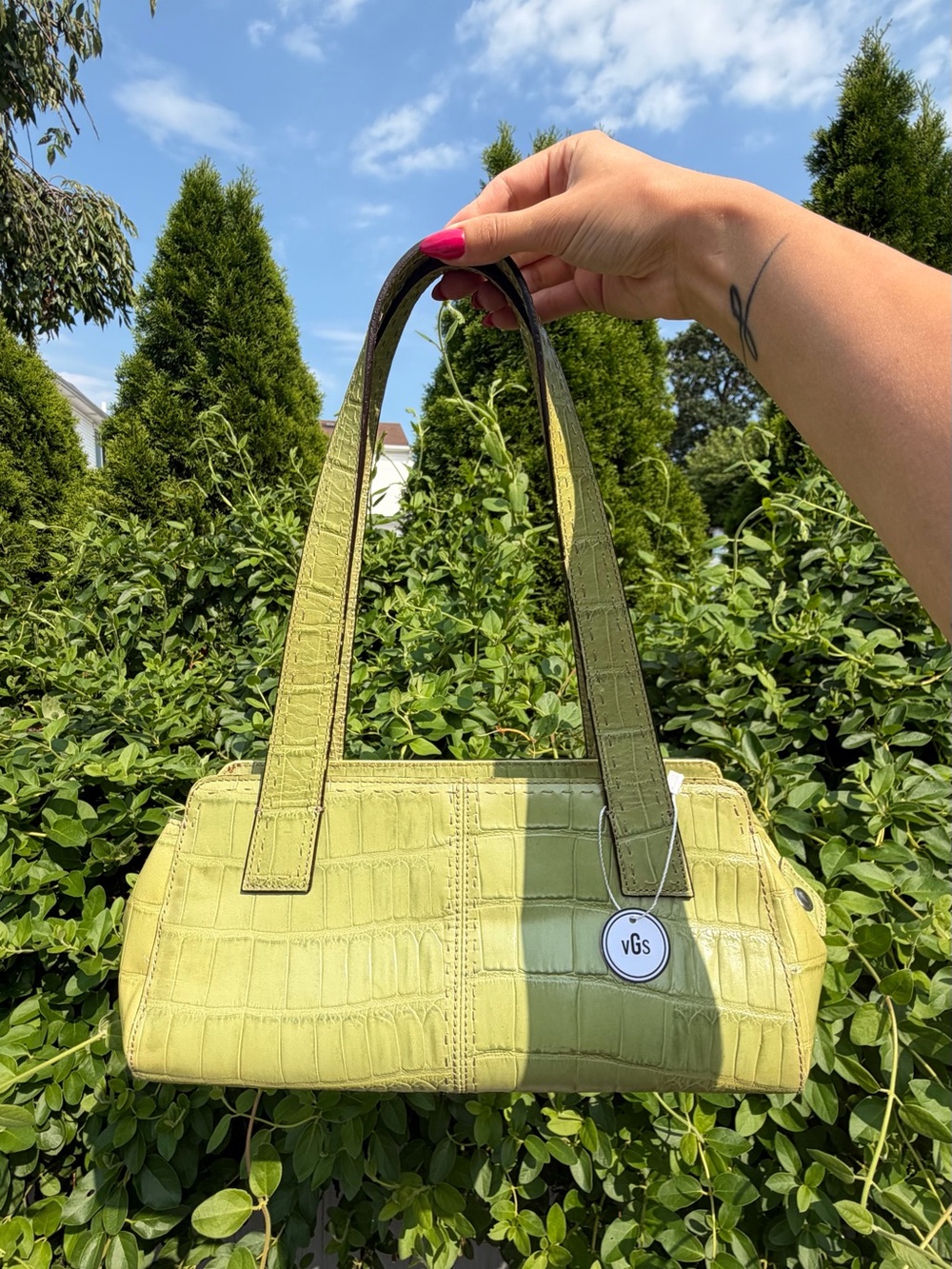 Vintage Fossil Lime Green Croc Embossed Leather Y2K Baguette Shoulder Bag